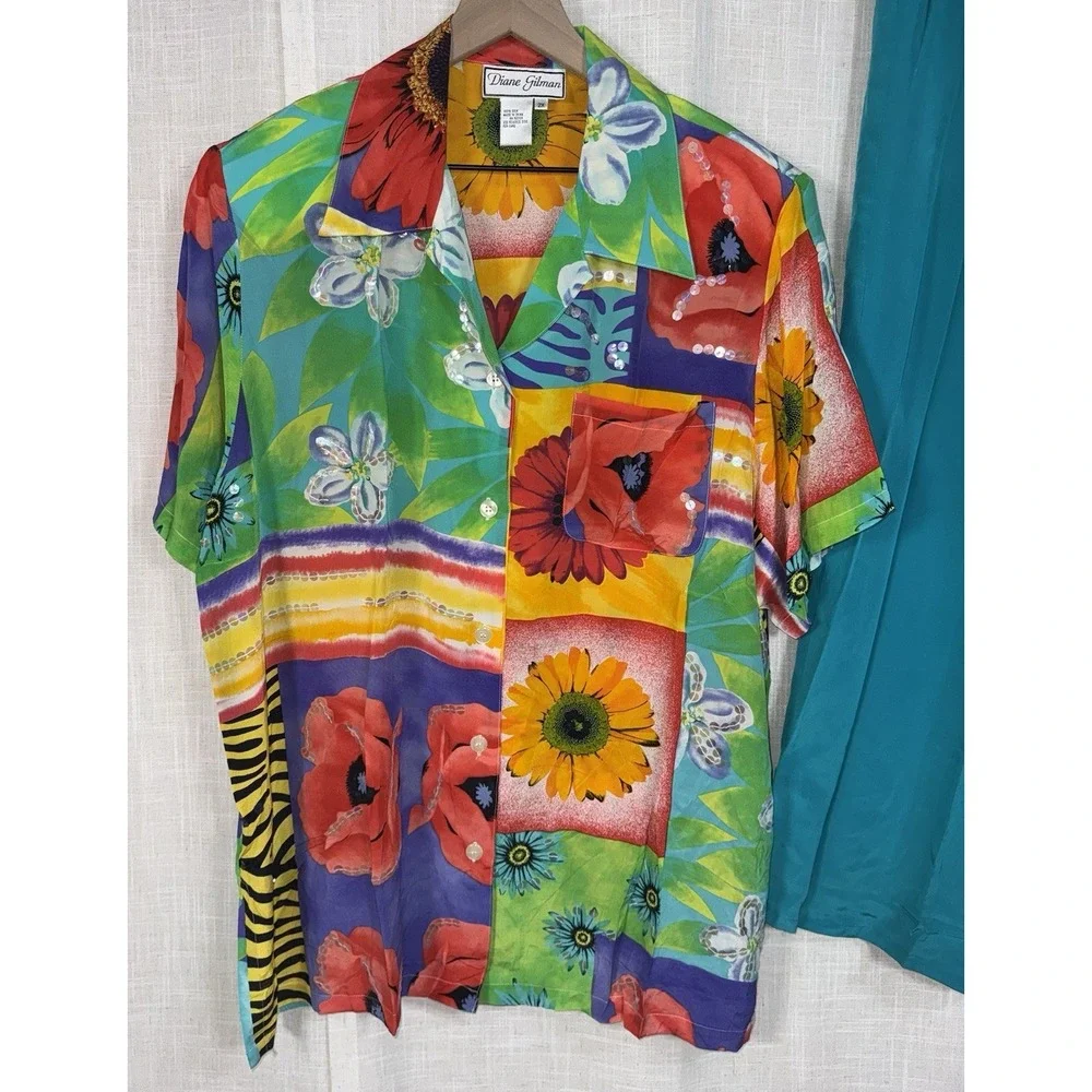 Vintage NWT Diane Gilman 100% Silk Blouse Reversible Pants Set Women's 2X Floral - Picture 3 of 16
